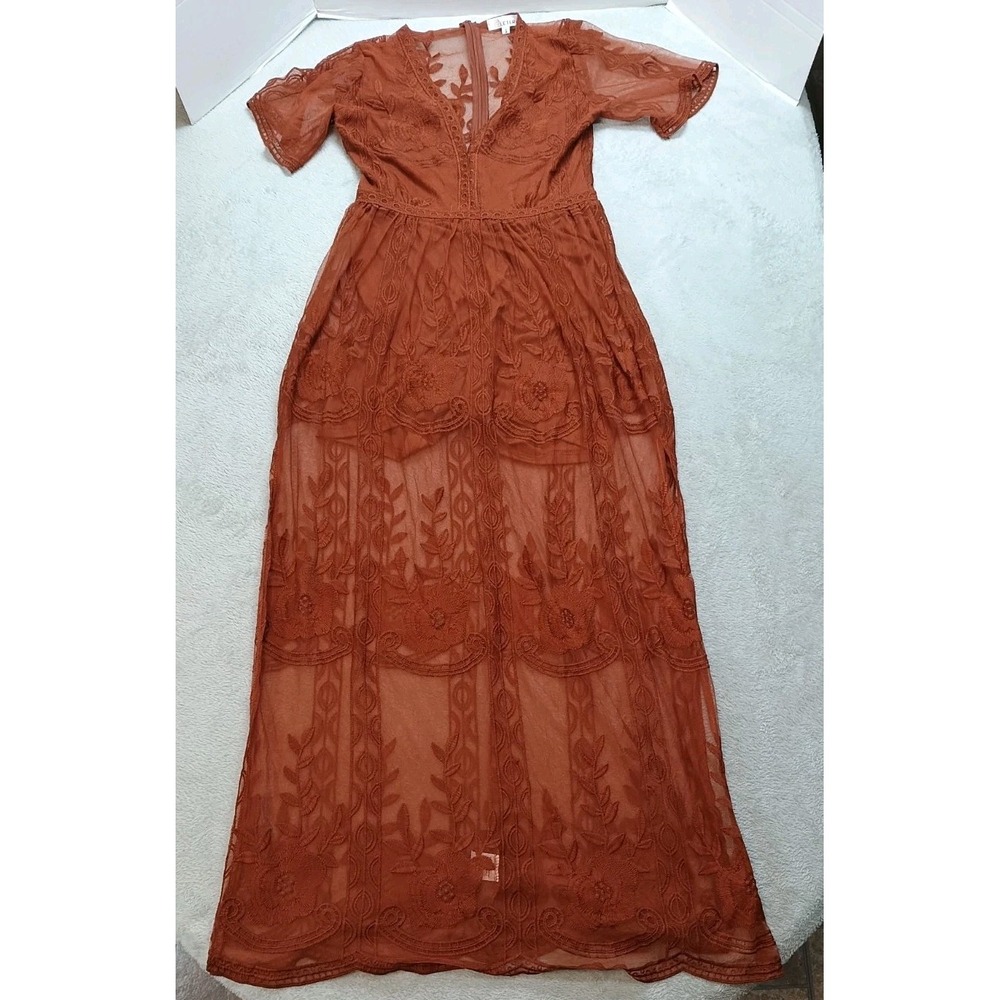 Red/Copper Lace Beach Dress Women's S Boho Loose Fit Long Dress Vacation Holiday